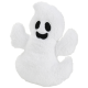 White plush ghost-shaped pet toy with black embroidered eyes and smiling mouth.