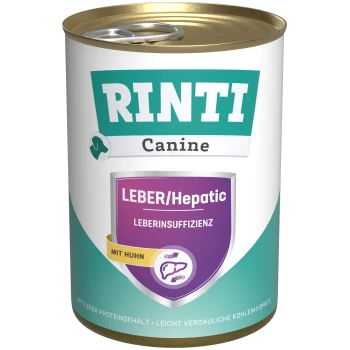 Dose RINTI Canine Leber/Hepatisch Hundefutter mit Huhn, moderatem Protein und leicht verdaulichen Kohlenhydraten.