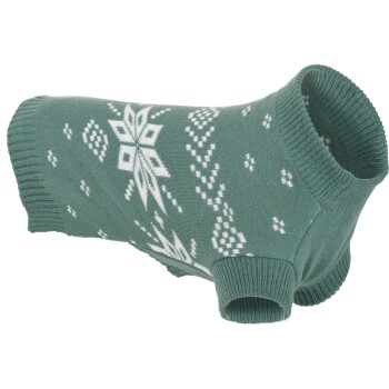 Grüner gestrickter Hundepullover mit weißem Schneeflockenmuster und geripptem Hals- und Beinabschluss.