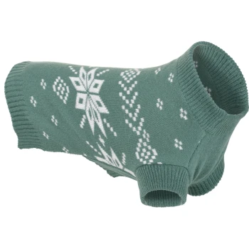 Grüner gestrickter Hundepullover mit weißem Schneeflockenmuster und geripptem Hals- und Beinabschluss.