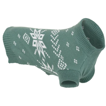 Pull pour chien en maille vert avec motif flocon de neige blanc et encolure et ouvertures pour les pattes côtelées.