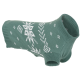 Grüner gestrickter Hundepullover mit weißem Schneeflockenmuster und geripptem Hals- und Beinabschluss.