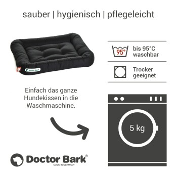 Schwarzes Hundebett von Doctor Bark, gekennzeichnet als waschbar bis 95°C, trocknergeeignet, mit dem Text "Einfach das gesamte Hundebett in die Waschmaschine geben."