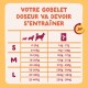 VOTRE GOBELET DOSEUR VA DEVOIR S'ENTRAÎNER — tableau d'alimentation pour animaux montrant 0–40 kg et portions en grammes pour S/M/L, icône 24h