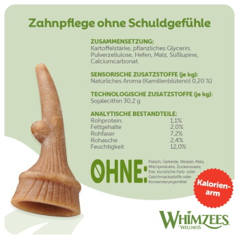 Brauner, zahnbürstenförmiger Hundekaustick auf grünem Etikett mit deutschem Text „Zahnpflege ohne Schuldgefühle“, „OHNE“, „Kalorienarm“, „Whimzees“.