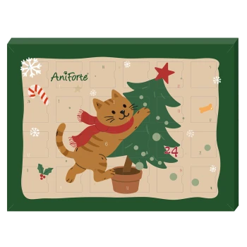 Ein festlicher katzenthematischer Adventskalender mit dem Text 'FROHE WEIHNACHTEN' und Schneeflocken, mit einer flauschigen Katze auf einem schneebedeckten Hintergrund.
