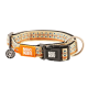 Hundehalsband mit geometrischem Muster, schwarzer Schnalle und Anhängern mit der Aufschrift „Max & Molly Urban Pets“ und „Ich bin verloren! Bitte zurückbringen!“