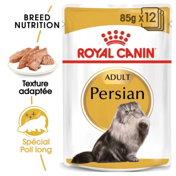 Emballage de nourriture pour chat Royal Canin Adult Persian, mettant en vedette un chat persan duveteux, avec du texte soulignant "Nutrition de race" et "Texture adaptée."