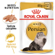 Emballage de nourriture pour chat Royal Canin Adult Persian, mettant en vedette un chat persan duveteux, avec du texte soulignant "Nutrition de race" et "Texture adaptée."