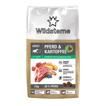 Wildsterne Hundefuttertüte mit Aufschrift 'ADULT PFERD & KARTOFFEL', 3 kg, '25 % PFERD', mit Bild von Fleisch, Kartoffeln und Heidelbeeren