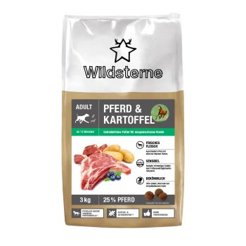 Wildsterne Hundefuttertüte mit Aufschrift 'ADULT PFERD & KARTOFFEL', 3 kg, '25 % PFERD', mit Bild von Fleisch, Kartoffeln und Heidelbeeren