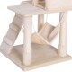 Ein beiger Katzenbaum mit einem mehrstöckigen Design mit einer Hängematte, Kratzpfosten und einer kleinen Plattform zum Klettern.