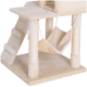 Ein beiger Katzenbaum mit einem mehrstöckigen Design mit einer Hängematte, Kratzpfosten und einer kleinen Plattform zum Klettern.