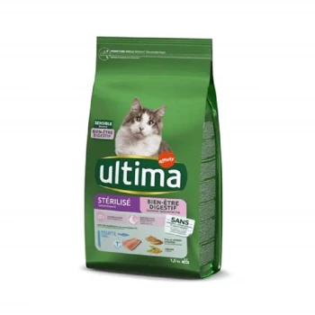 Stérilisé Bien-être Digestif avec de la Truite 1,5 kg Sac de nourriture pour chats Ultima vert avec un chat gris et blanc sur le devant, étiqueté "Stérilisé" et "Bien-être digestif," 1,5 kg.