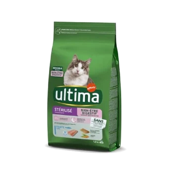 Sac de nourriture pour chats Ultima vert avec un chat gris et blanc sur le devant, étiqueté "Stérilisé" et "Bien-être digestif," 1,5 kg.