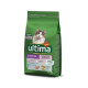 Sac de nourriture pour chats Ultima vert avec un chat gris et blanc sur le devant, étiqueté "Stérilisé" et "Bien-être digestif," 1,5 kg.