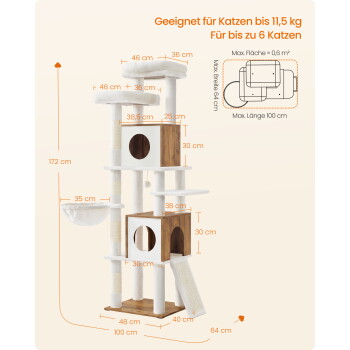 Beige/weißer Kratzbaum mit Holzhöhlen, Plattformen, Hängematte und Rampe. Sichtbarer Text: „Geeignet für Katzen bis 11,5 kg“