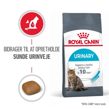 Royal Canin Urinary Katzenfutterbeutel mit einer getigerten Katze, mit dem Text, der besagt, dass es einen gesunden Harntrakt in 10 Tagen unterstützt.