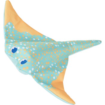Jouet pour animal en forme de raie turquoise à pois, avec motifs orange et blancs, dessous jaune et yeux brodés bleus.