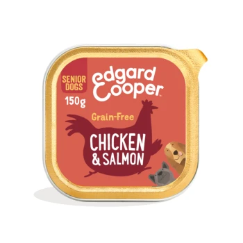 Edgard & Cooper 150g grain-free senior dog food, Chicken & Salmon on orange label with chicken silhouette and dog faces