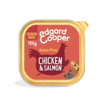 Edgard & Cooper 150g grain-free senior dog food, Chicken & Salmon on orange label with chicken silhouette and dog faces