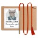 Oranges Quasten-Katzenwedel-Spielzeug an Holzstab, verpackt auf Karton; Etikett: KATER KASIMIR Rangelangel ORANGE, 'Handmade with love'.