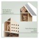 Holz-Insektenhotel mit einem Metalldach, beschriftet mit "Wetterfestes Metalldach" und "Naturbelassenes Holz."