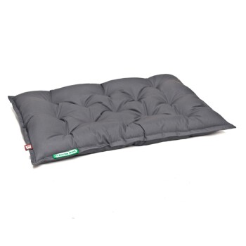 Graues Haustierbett mit gepolstertem Design, mit einem grünen "Doctor Bark"-Label an der Seite.