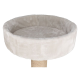 Ein plüschiges, rundes Katzenbett in hellbeige, mit einem weichen, gepolsterten Innenraum und einem stabilen Boden, der mit natürlichem Sisal-Seil umwickelt ist.