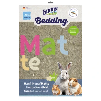 Hanf-Kenaf-Matte S Bunny Nature Bettmatte Verpackung mit großer Größe (100 x 40 x 1 cm), mit buntem Text und Bildern eines Kaninchens und Meerschweinchen.