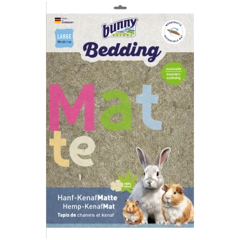 Bunny Nature Bettmatte Verpackung mit großer Größe (100 x 40 x 1 cm), mit buntem Text und Bildern eines Kaninchens und Meerschweinchen.