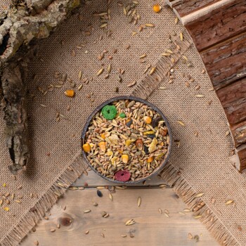 Eine Holzschüssel gefüllt mit buntem Vogelfutter, einschließlich Körnern, Mais und getrockneten Früchten, auf einer Juteschicht mit verstreuten Samen.