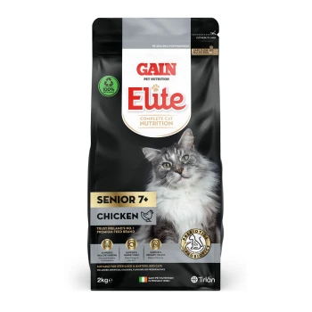 Black cat food bag featuring a gray cat on the front, labeled "GAIN Elite Complete Cat Nutrition," for senior cats 7+, chicken flavor, 2kg.
