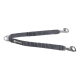 Eine graue Bungee-Hundeleine von Ruffwear, mit zwei Metallclips und einem Logo-Patch, entworfen für Komfort und Flexibilität.