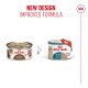 Two Royal Canin cat food cans showing old (Aging 12+) and new design (11+ Mousse) with text 'NEW DESIGN IMPROVED FORMULA'.