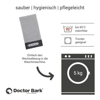 Graue Haustierdecke von Doctor Bark, maschinenwaschbar bis 95°C, trocknergeeignet, mit Anweisungen für eine einfache Reinigung.