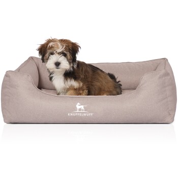 Orthopädisches Hundebett Luisa aus Velours mit feinem Handwebcharakter Sunshine Edition beige M-L