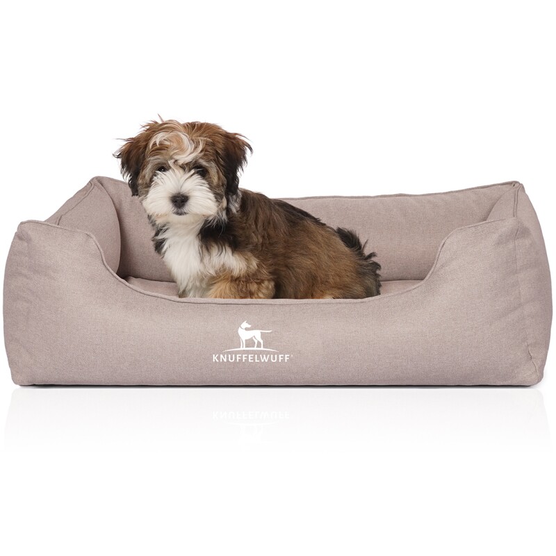 Knuffelwuff Orthopädisches Hundebett Luisa aus Velours mit feinem Handwebcharakter Sunshine Edition beige M-L