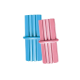 Two colorful dog chew toys, one blue and one pink, stacked together, featuring a ribbed design for enhanced grip.