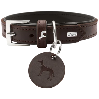 Braunes Leder-Hundehalsband mit silberner Schnalle und einem runden Etikett mit einer geprägten Hundesilhouette, markiert mit "HUNTER."
