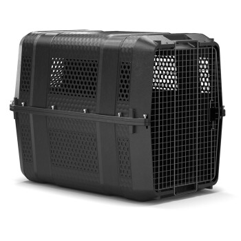 Schwarze Haustiertragetasche mit einem belüfteten Design und einer Metalltür, ideal für den Transport kleiner Tiere.