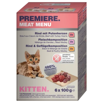 Un chaton à côté d'une boîte de nourriture pour chat "Premiere Meat Menu", contenant du bœuf avec des cœurs de dinde, un mélange de viandes et un mélange de volailles.