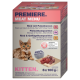 Ein Kätzchen neben einer Box mit 'Premiere Meat Menu' Katzenfutter, das Rindfleisch mit Truthahnherzen, Fleisch-Medley und Geflügel-Medley enthält.