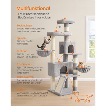 Grauer mehrstufiger Kratzbaum mit Kratzstämmen, Plattformen, Hängematten und zwei Katzen; orange Überschrift: 'Multifunktional'.
