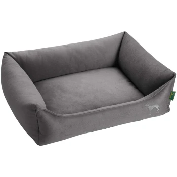 Orthopädisches Hundesofa Merida anthrazit 60 cm, 22 cm, 60 cm Grau Hundebett mit erhöhten Seiten und weichem Innenraum, mit einer gestickten Hundesilhouette auf einer Seite.