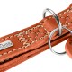 Nahaufnahme eines orangefarbenen Lederhundehalsbands mit cremefarbener Naht, Metall-D-Ring und kleinem 'HUNTER'-Anhänger.