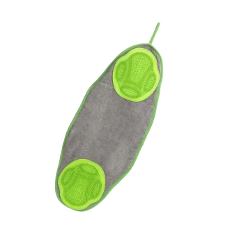 Graue Haustierpflege-Handschuhe mit leuchtend grünen gummierten Griffpolstern an beiden Enden, entworfen zum Bürsten und Massieren von Haustieren.