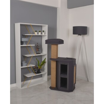 Moderne Tierhandlungsausstellung mit einem grauen Katzenbaum, Kratzbaum, gemütlichem Versteck und einem weißen Regal mit Pflanzen und einer Lampe.