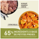 Bol d'ingrédients pour nourriture pour animaux : poulet cru, dinde, hareng et citrouille en dés. Le texte indique "65 % INGREDIENTS À BASE DE PETITES PROIES."