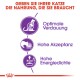 Bild, das Tiernahrung bewirbt mit dem Text: "GEBEN SIE IHRER KATZE DIE NAHRUNG, DIE SIE BRAUCHT" und Symbolen für Verdauung, Akzeptanz und Energie.